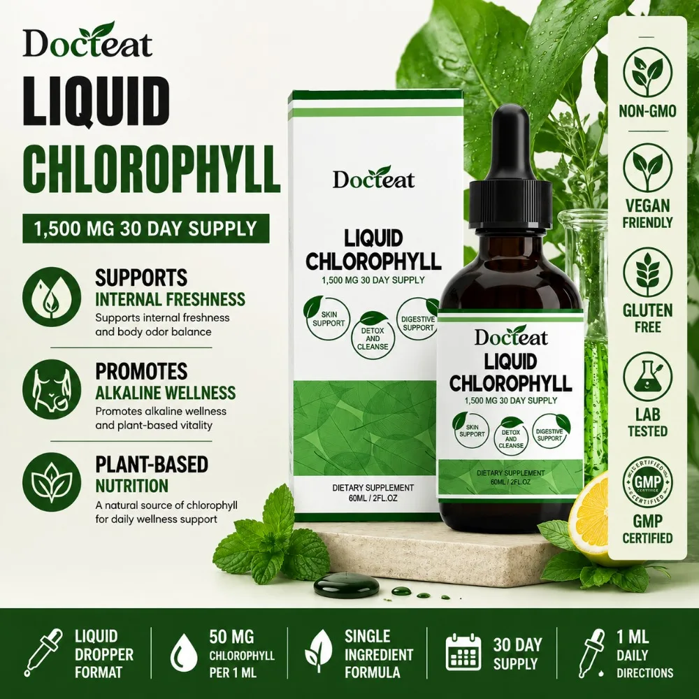 Docteat Liquid Chlorophyll 1500mg Drops 60ml Internal Freshness Detox Cleanse Digestive Support Vegan Non-GMO GMP Supplement
