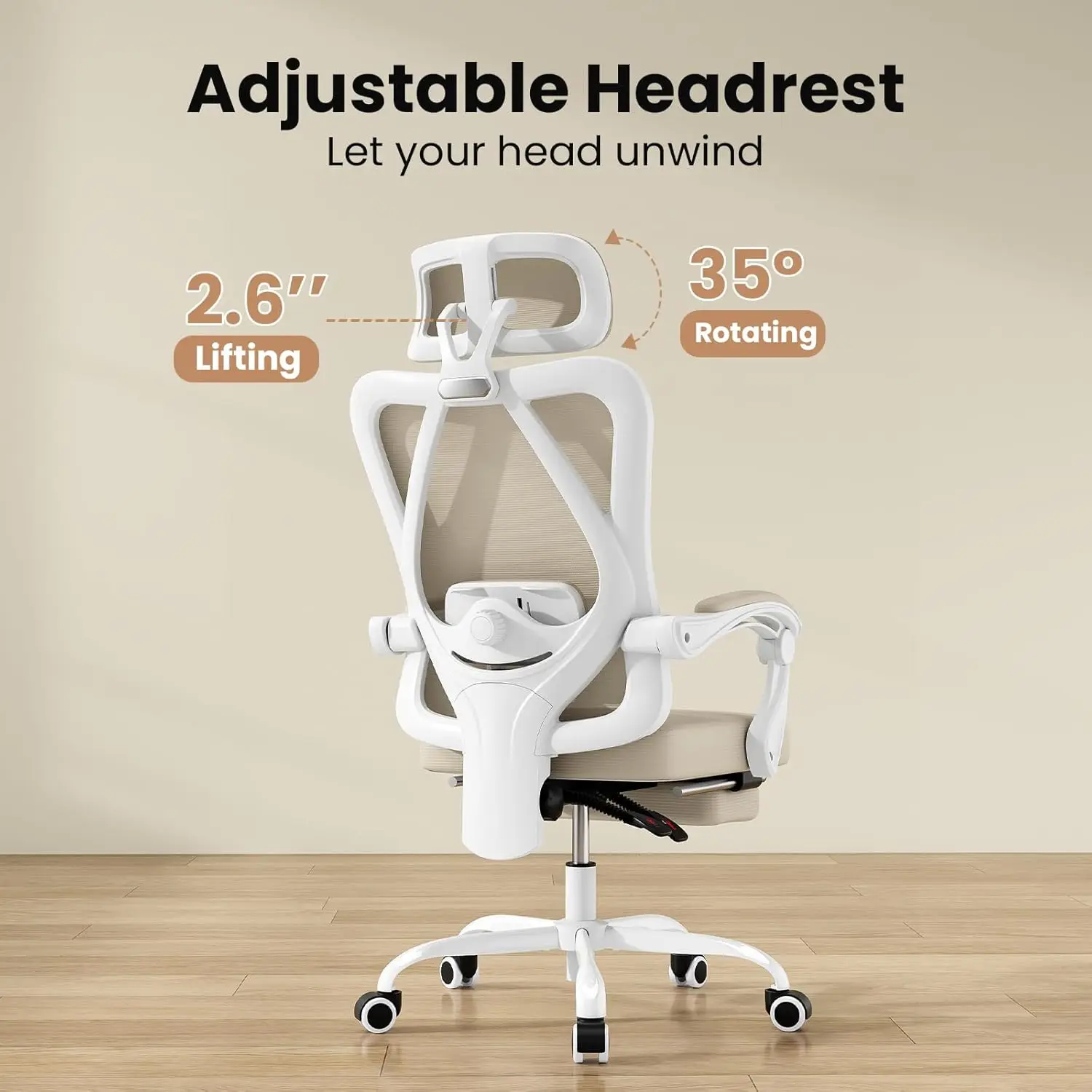 Ergonomic Mesh Office Chair with Headrest, Adjustable Lumbar Support, Footrest, Swivel Computer Chair for Home Office, White/Kha