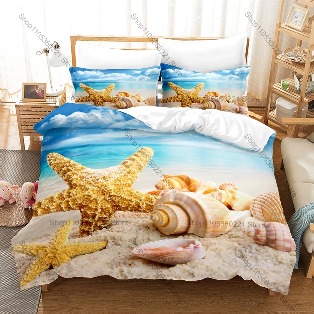 Fashion Sea Shell Printed Bedding Set, Duvet Cover plus 2 Pillowcases, Elegant Marine Design Soft Microfiber Home Bedding