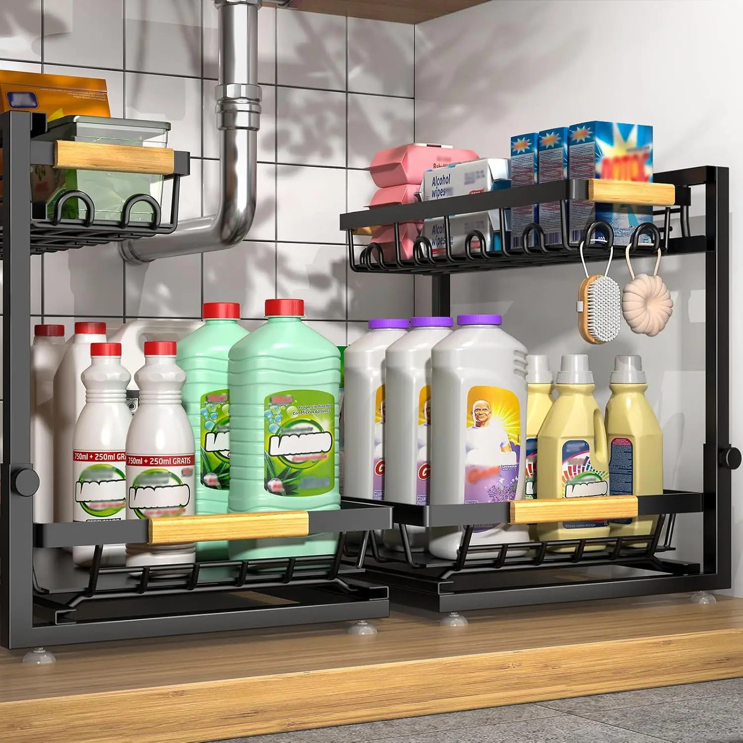 

2 Packs Under Sink Organizer, Height Adjustable 2 Tier Under Kitchen Sink Organizer, Multi-Purpose Storage Shelf for Kitchen