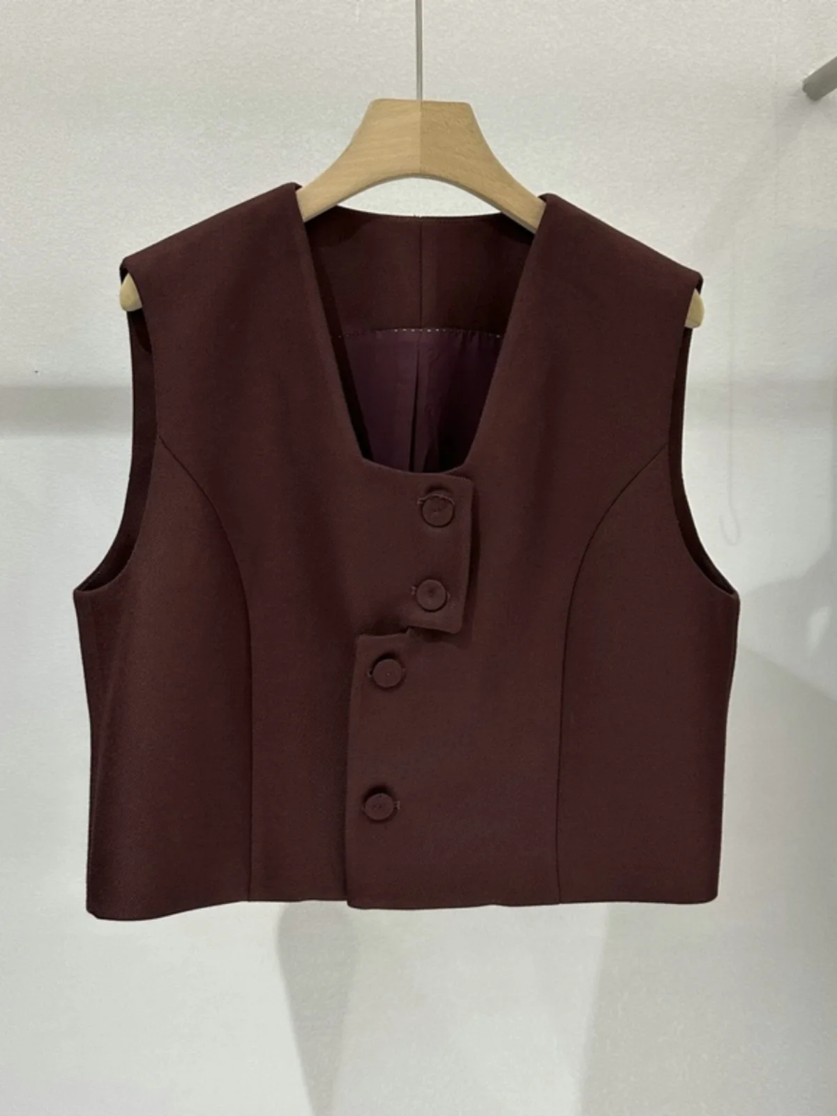

Fashion Woolen Vest Irregular Single Button Women's Sleeveless Top High Quality Spun Wool Commute Style U-Neckline