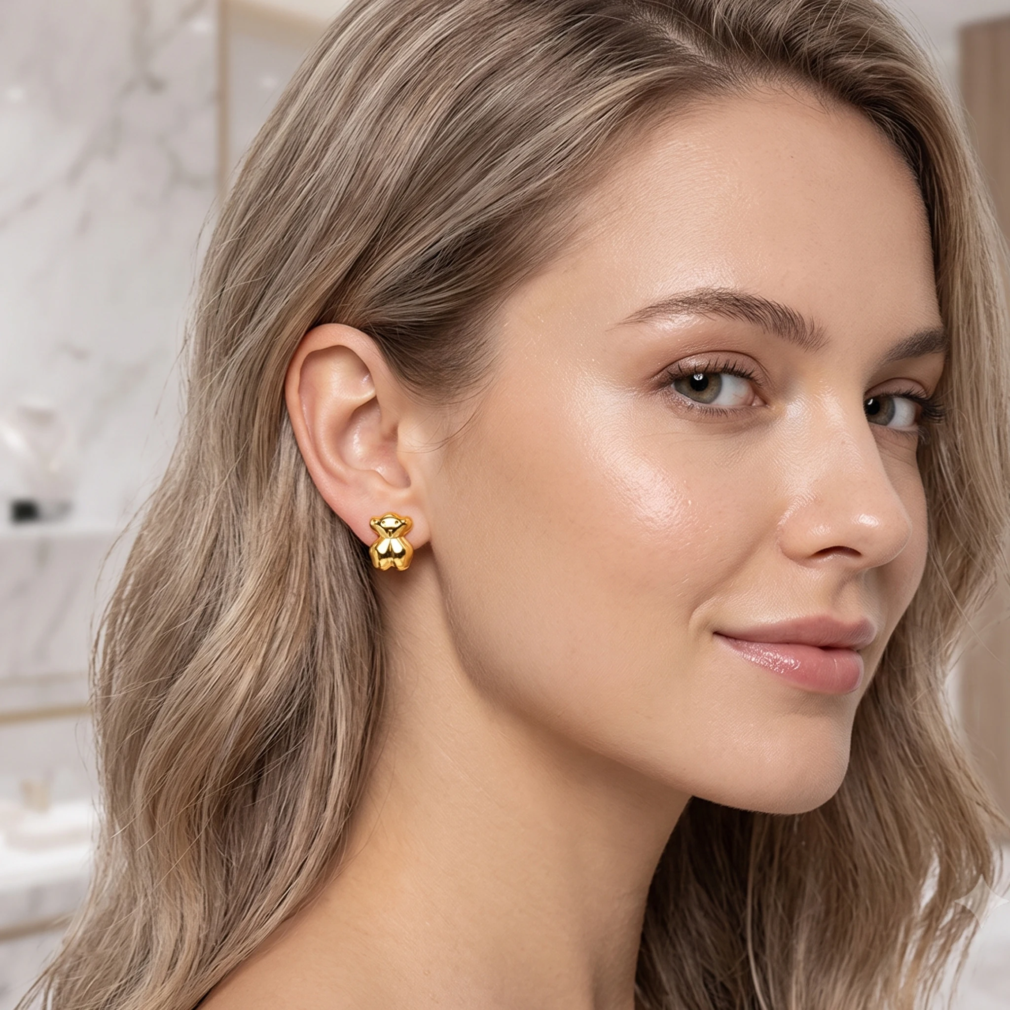 18K Vergoldete Bären-Ohrstecker aus Edelstahl, Niedlicher Tier-Piercing-Schmuck, Minimalistische Ästhetische Ohrringe für Frauen und Mädchen – Detail 1