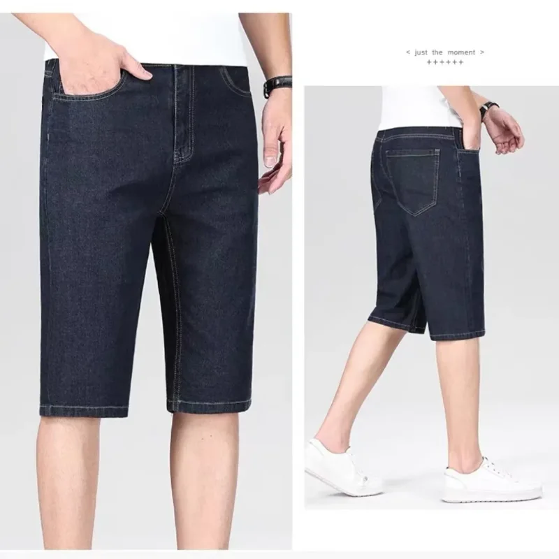 

Men's Ice Silk Denim Shorts Elastic Waist Straight Leg Casual Summer Cool Knee-Length Jeans