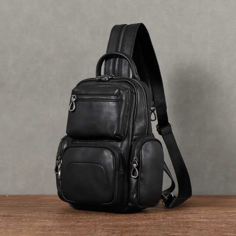 New Design Men Leather Chest Bag Large Capacity Shoulder Bags Men Bag First Layer Cowhide Leather Bagpack Crossbody Bags