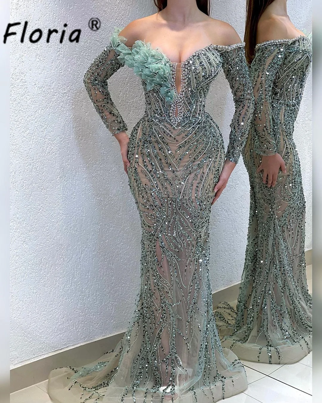 Sexy Shine Evening Dress Off The Shoulder New Mermaid Long Sleeves Crystal Appliques 3D Tulle Robes De Mariee Woman Sweep Train