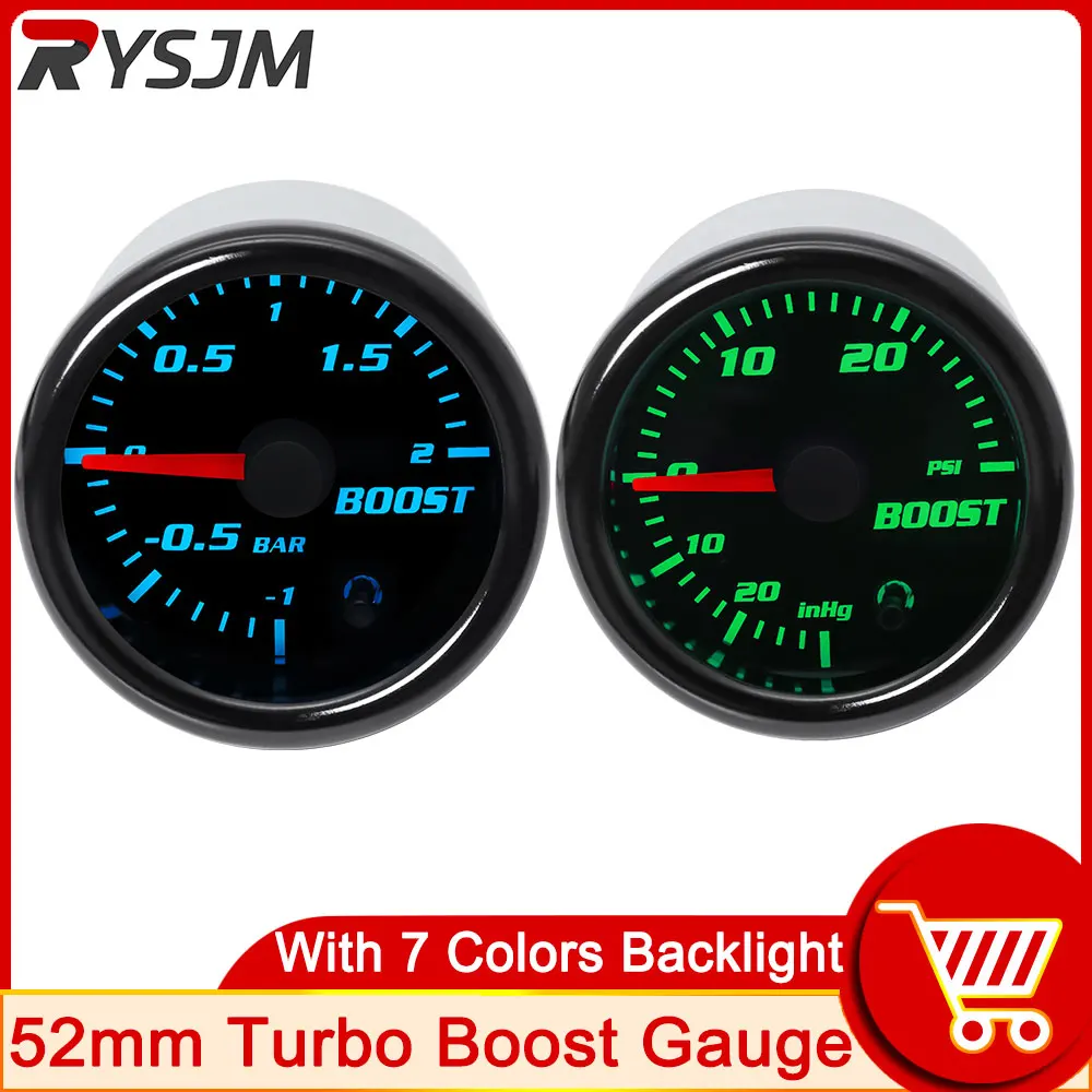 52mm Turbo Boost Gauge 12V -30-33 PSI -1-2 BAR Turbo Pressure Manometer Car Boost Controller Kit with PVC Hose 7 Colors Light