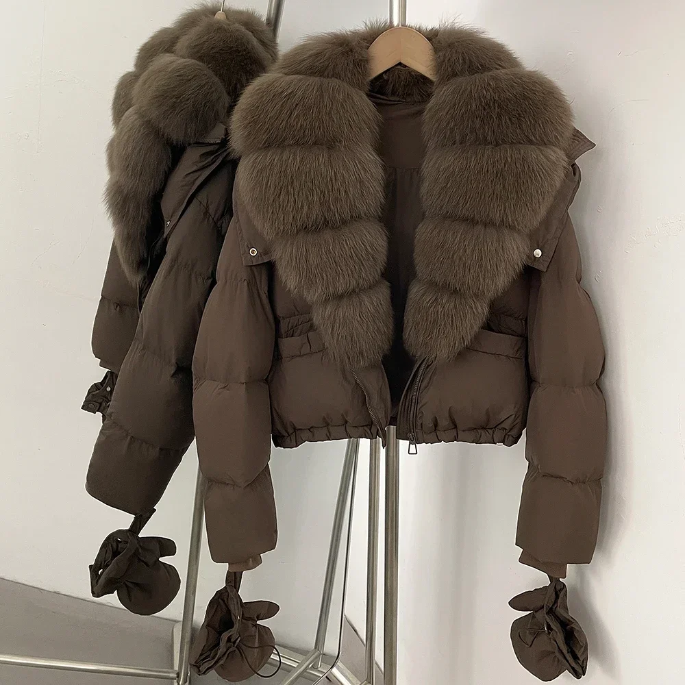 OFTBUY Neue Kurze Oberbekleidung Kapuze Entendaunen Luxus Echtfell Daunenjacke mit Abnehmbaren Handschuhen Damen Puffermantel mit Echtem Fuchsfell – Detail 30