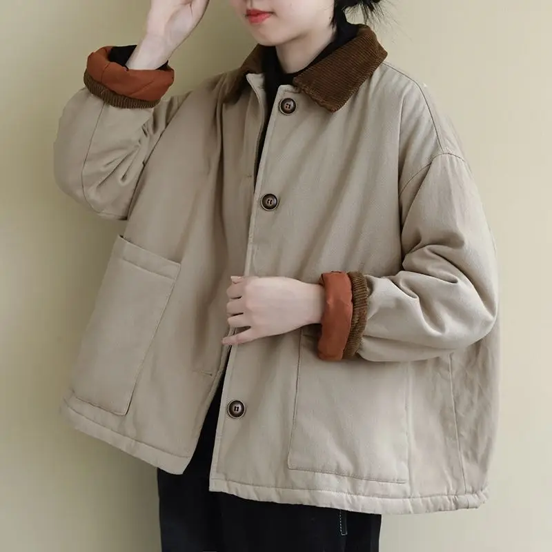 Outono inverno casaco de algodão feminino vintage manga longa turn down collar grosso quente jaqueta literária bolsos e12416