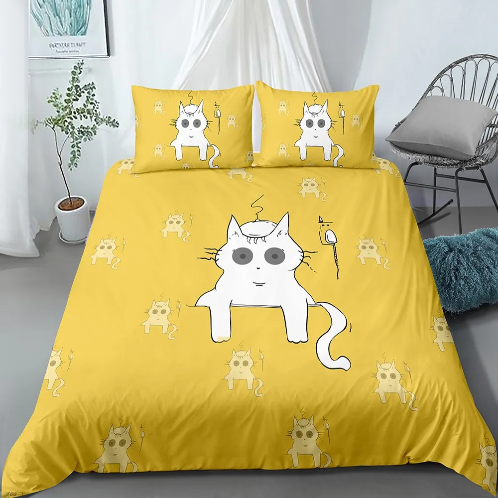 Cute Animals Cats Luxury Bedding Sets Cartoon  Yellow Cat Kids Duvet Cover Set Printed Queen King Size Bedclothes 3 PCS Kid Gift