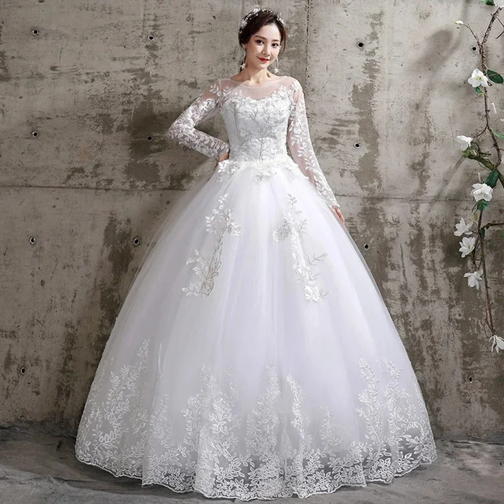 Delicate Applique Tulle Wedding Dress Scoop Neck Long Sleeves A-Line Floor Length Bridal Classic Lace Up Marriage Gowns Robe
