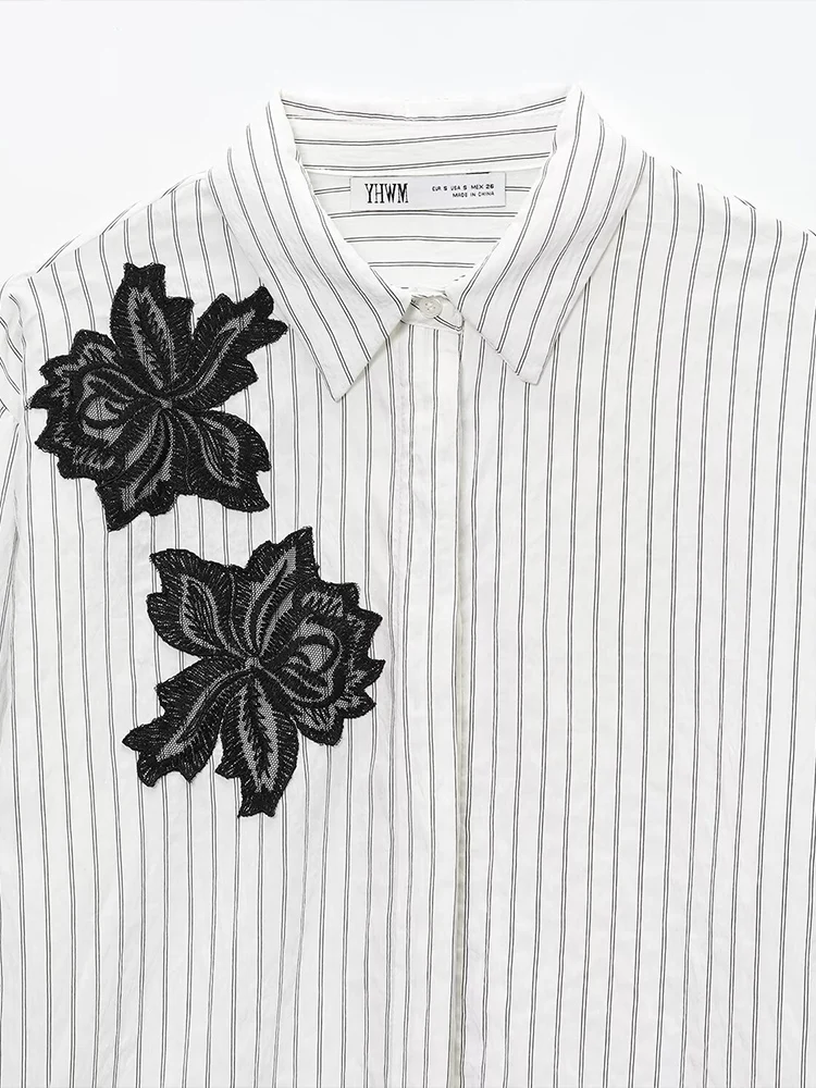 European style new women's fashionable and versatile elegant collared long-sleeved striped floral lace shirt