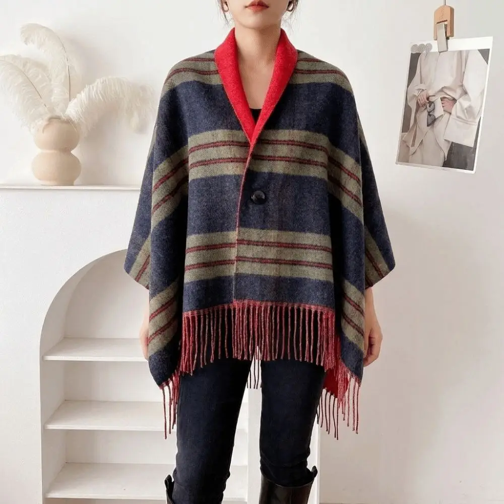 Multi-Functional Double‑Sided Plaid Poncho Shawl Thick Knit Faux Wool Blanket Shawl Tassel Trim Button Closure