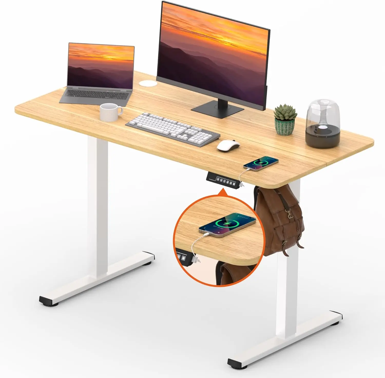 Adjustable Stand Up Desk,47 x 24 Inch Home Office Computer Desks with Charging USB Port Splice Maple Top White Frame