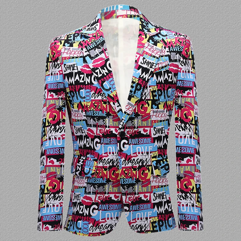 Stylish Newspaper Letters Print Blazer Jacket Men One Button Notched Lapel Suit Blazer Men Casual Party Prom Blazer