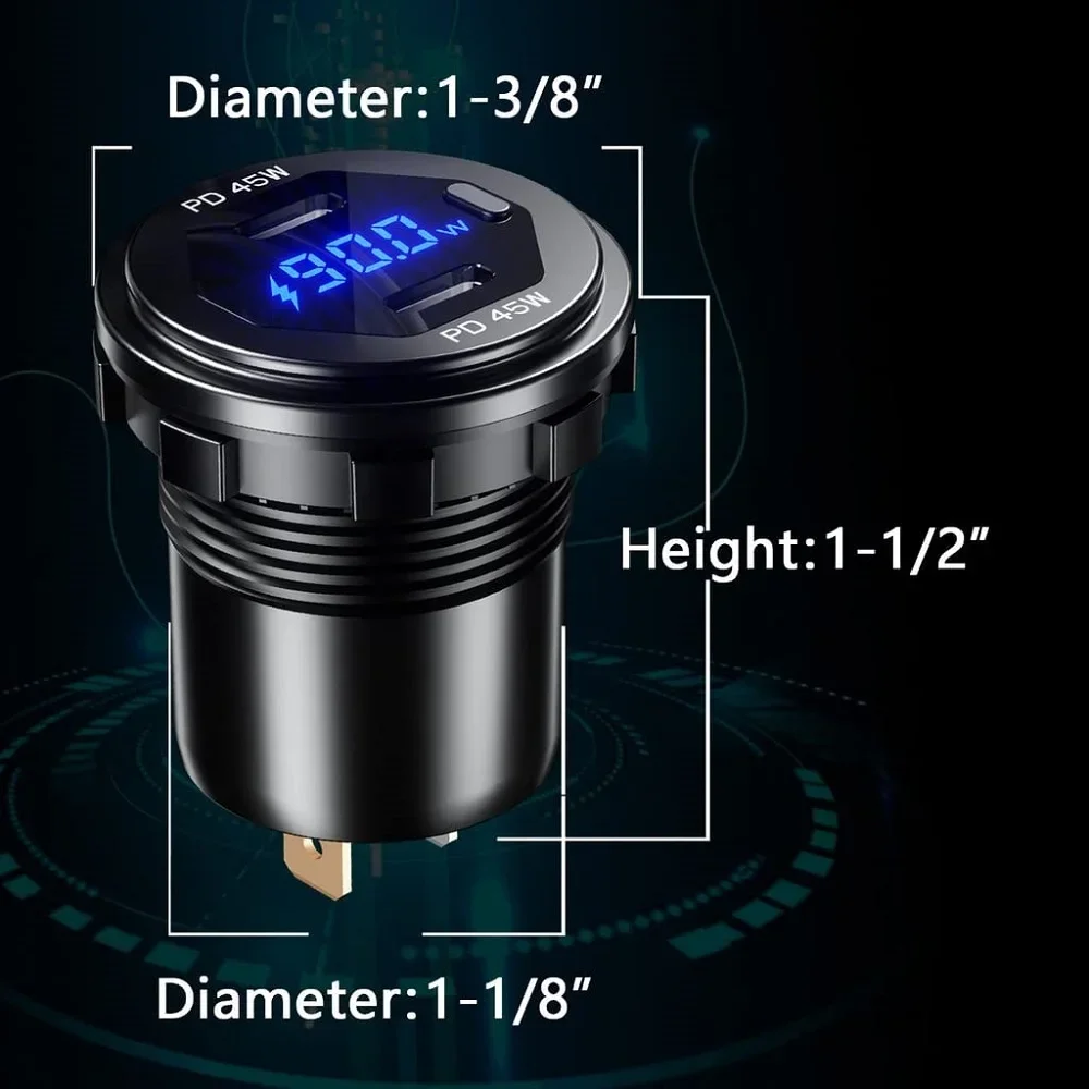 90W Super Fast Car Charge Cigarette Lighter Adapter QC3.0+PD Port Fast Charging LED Display Power 12V 24V for Boat RV Waterproof