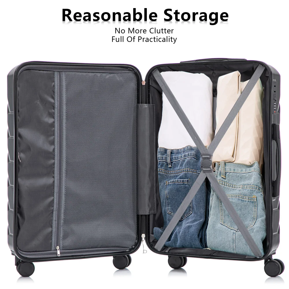 20"/24"/28" 3 Pcs/set in ABS Spinner Wheel Luggage Matching Color with Combination Lock (Black)
