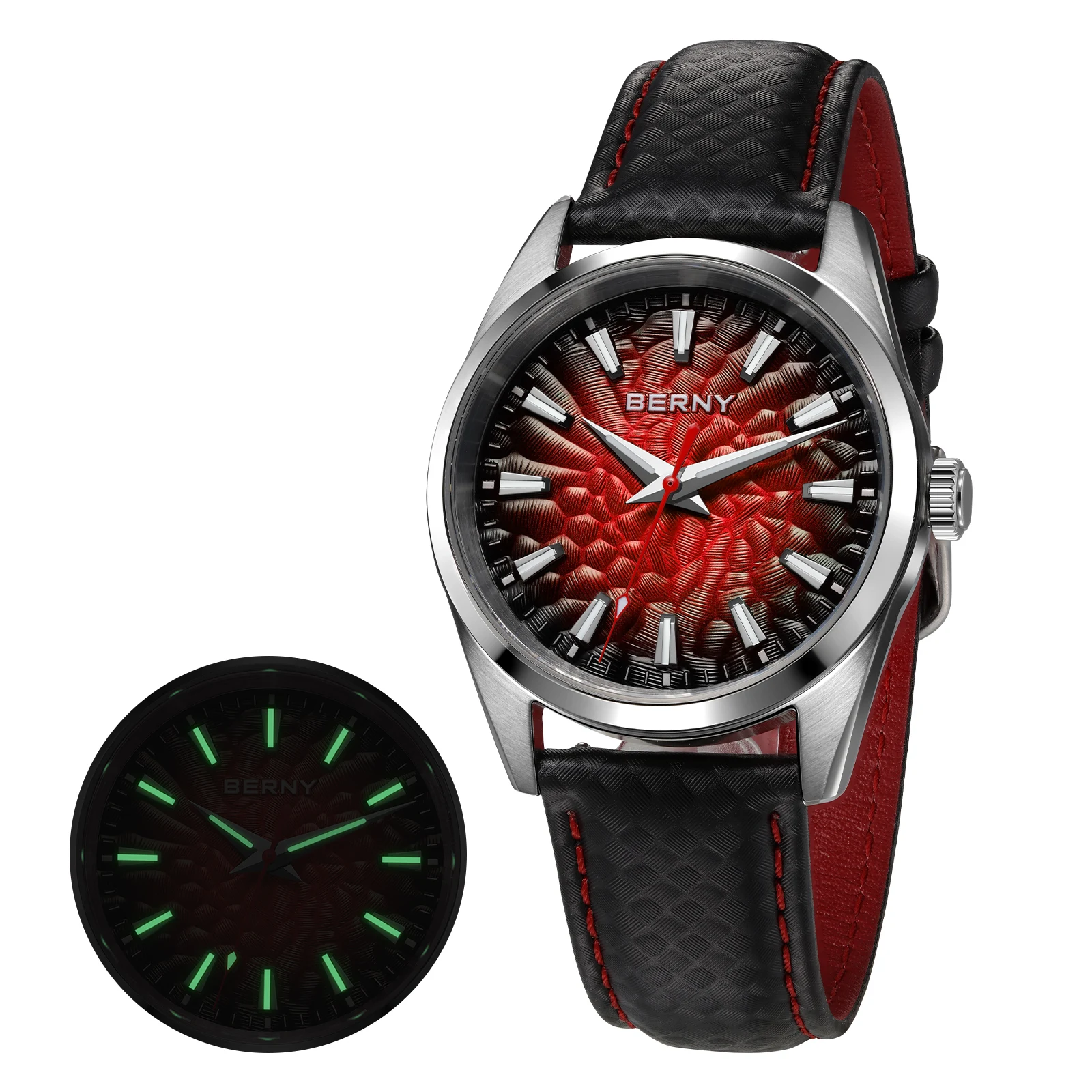 

Часы BERNY для мужчин, 10 атм, модные кварцевые мужские часы с сапфировым стеклом, классические стильные деловые наручные часы с кожаным ремешком