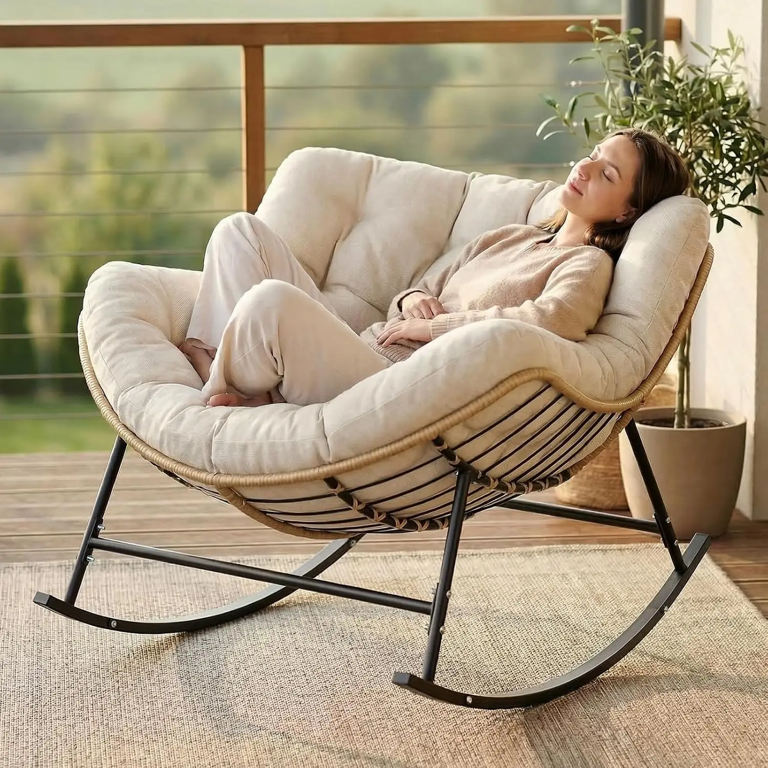 Oversized Papasan Rocking Chair, Cream Wicker Lounge Rocker with Thick Cushion, Steel Frame for Outdoor Indoor Patio
