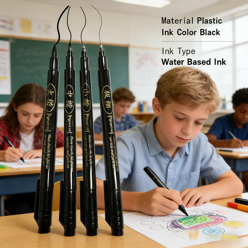 4Pcs/Set Calligraphy Brush Pens, Soft & Hard Tip Hand Lettering Pens, Water-Based Black Ink Markers for Art Drawing & Writing