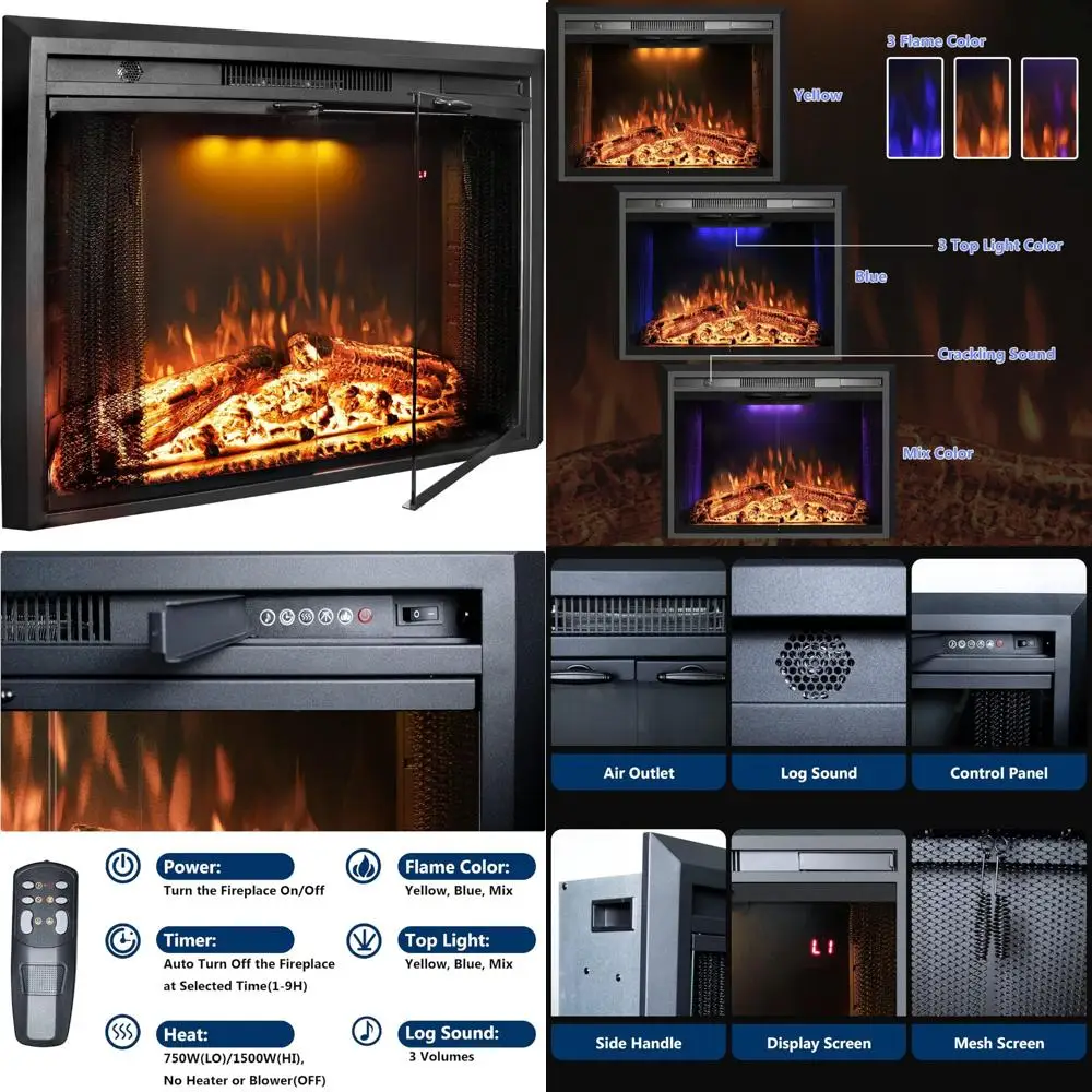 

36 Recessed Electric Fireplace Heater with Adjustable Flame, Multicolor Top Light, and Fire Crackling Sound