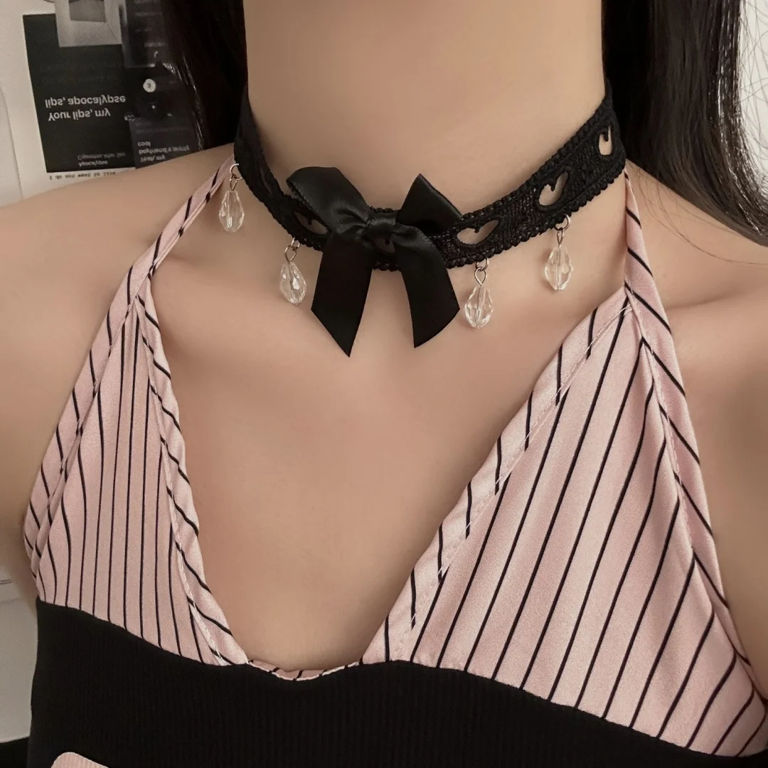 

DUTRIEUX Charm Punk Black Lace Butterfly Knot Necklace Women Fashionable Jewelry Choker Crystal Pendant Clavicle Chain Accessory