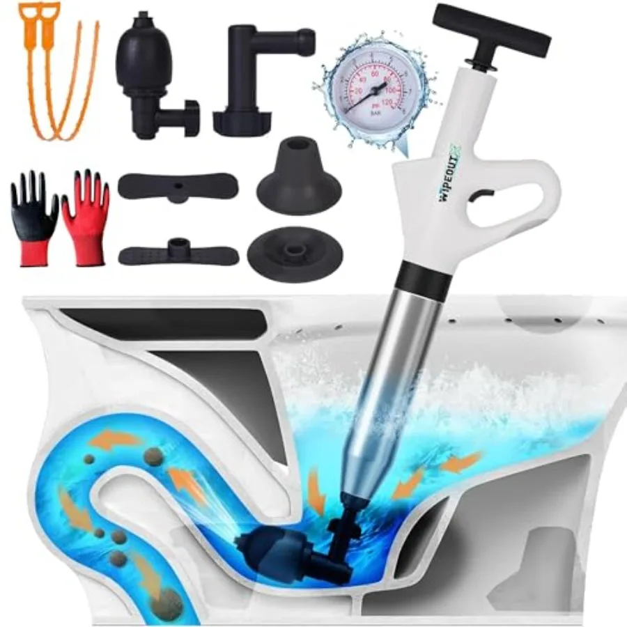 

Набор для прочистки унитазов высокого давления с 2-мя инструментами для удаления волос и 1 парой многоразовых перчаток для использования в ванной комнате