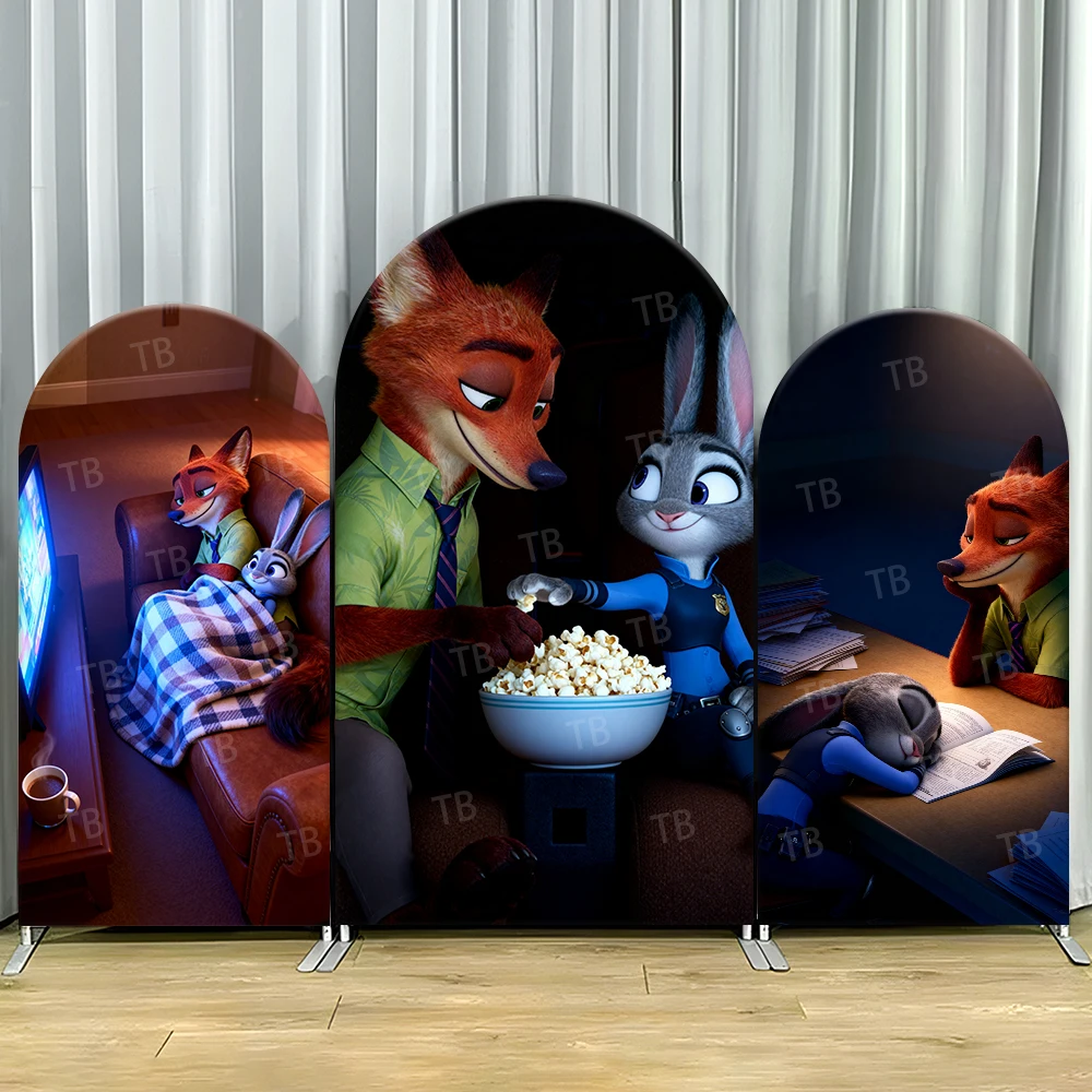 

Zootopia Judy Nick Cozy Arch Backdrop Cover Popcorn Scene For Kids Birthday Party Warm Cartoon Theme Photo Booth Decor Prop