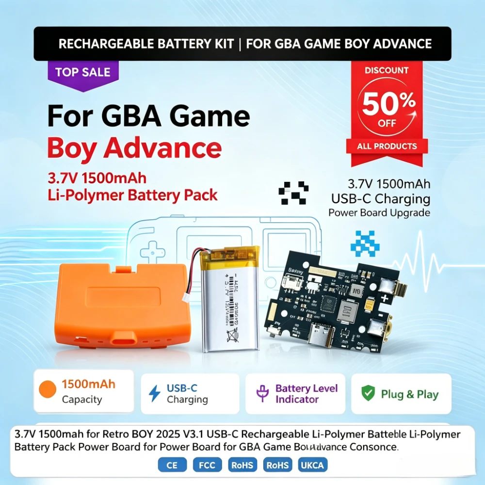3.7V 1500mAh for Retro BOY 2025 V3.1 USB-C Rechargeable Li-Polymer Battery Pack Power Board for GBA Game Boy Advance Console