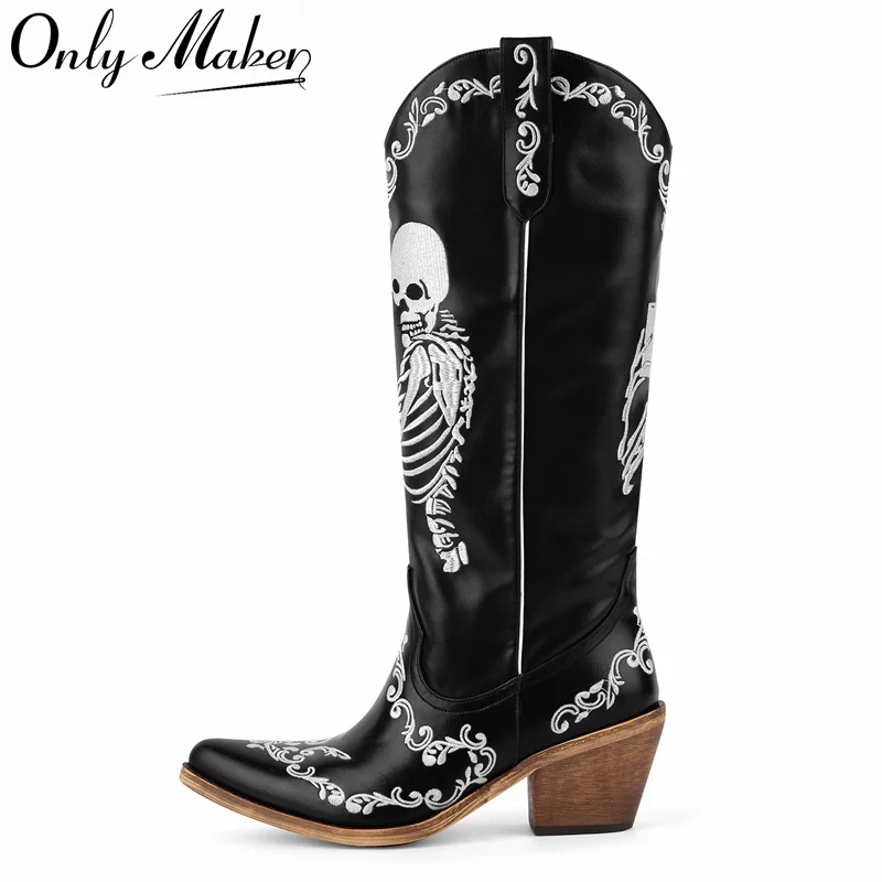 

Onlymaker женские ковбойские сапоги со скелетом и вышивкой на Хэллоуин в стиле вестерн с цветочным принтом, ретро сапоги до середины икры в стиле вестерн