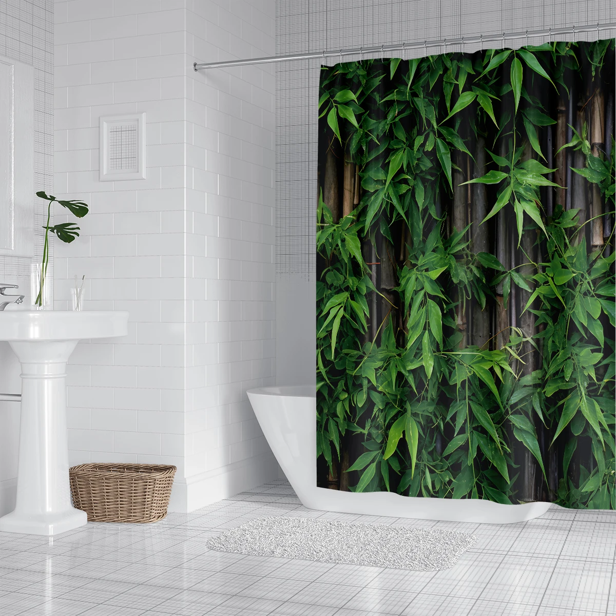 1PC Rural Bamboo Forest Series Shower Curtain,3D Embossed Washable Waterproof Shower Curtain,12 hooks,Family Bathroom Decoration