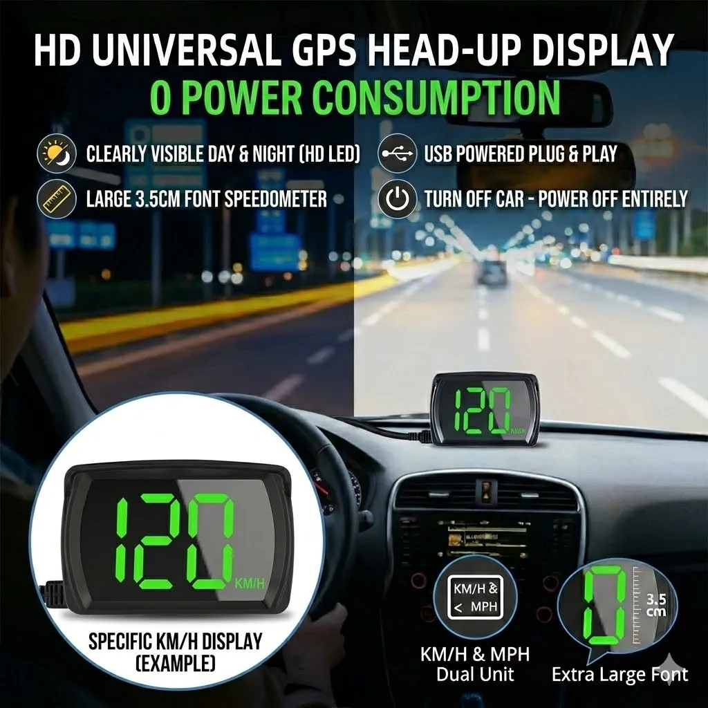 HD Car Head-up Display GPS Digital Speedometer 0 Power Consumption USB Powered Clearly Visible Day Night Odometer For All Cars