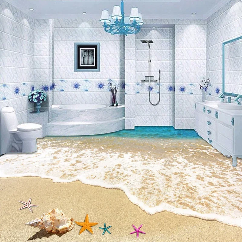 Custom Mural Papel De Parede 3D Sandy Beach Shell Starfish Living Room Bathroom Floor Sticker Waterproof Self-adhesive Wallpaper