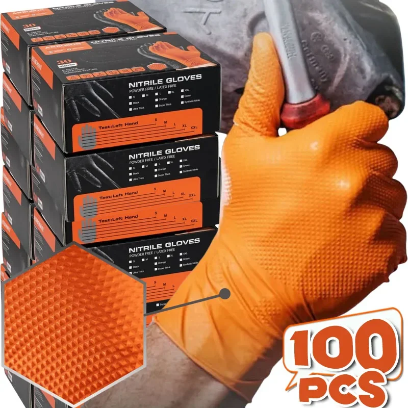 

Heavy Duty Orange Nitrile Gloves 8Mil Industrial Disposable Gloves with Diamond Textured Grip for Mechanic Safety & Work Gloves