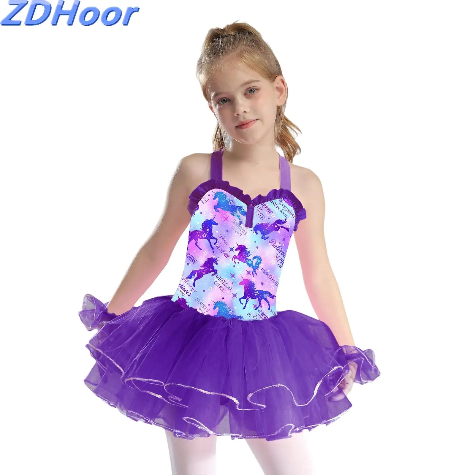

Kids Girls Sequins Dance Dress Tutu Skirted Leotard Dress Colorful Print Sleeveless Mesh Tutu Dance Dress with Arm Sleeve