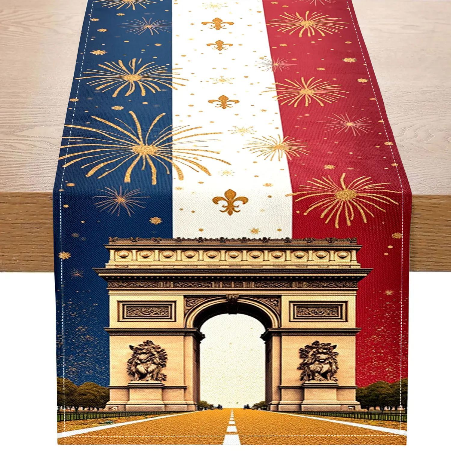 1 Piece of French Celebration-Themed Table Runner, French Flag Elements, Arc De Triomphe and Fireworks Patterns, Suitable for French National Day Theme Parties, French Celebration Event Decorations, Romantic Style Restaurant Decorations, Cultural Exchange Activities, Special B&B Rooms, Creative Market Stalls, French Culture-Related Parties