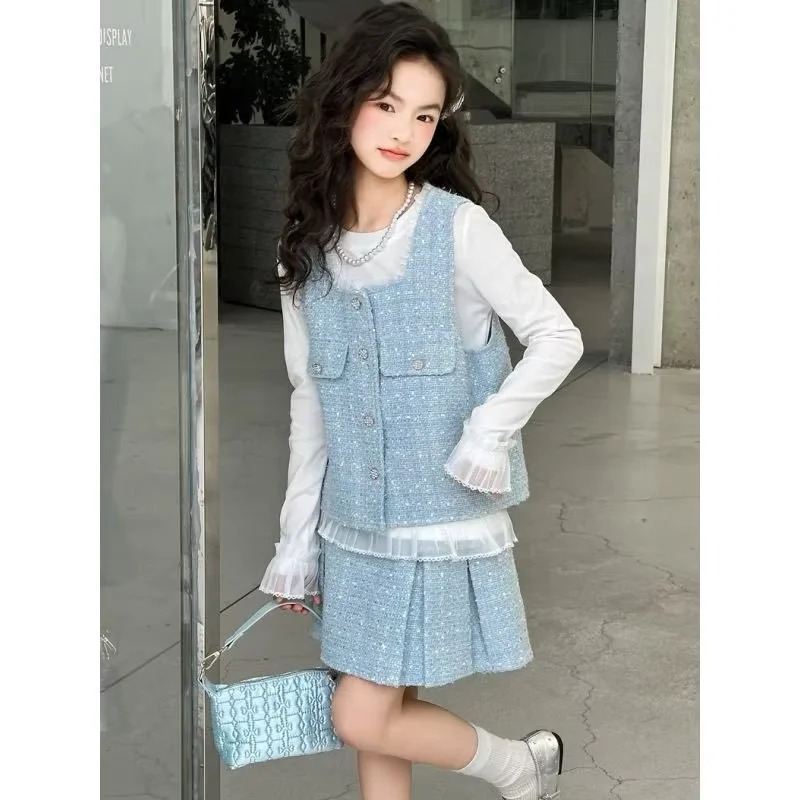 Girls' Half length Skirt Set Spring and Autumn 2026 New Style Children's Vest Shirt Hundred fold Skirt Sweet Three piece Set