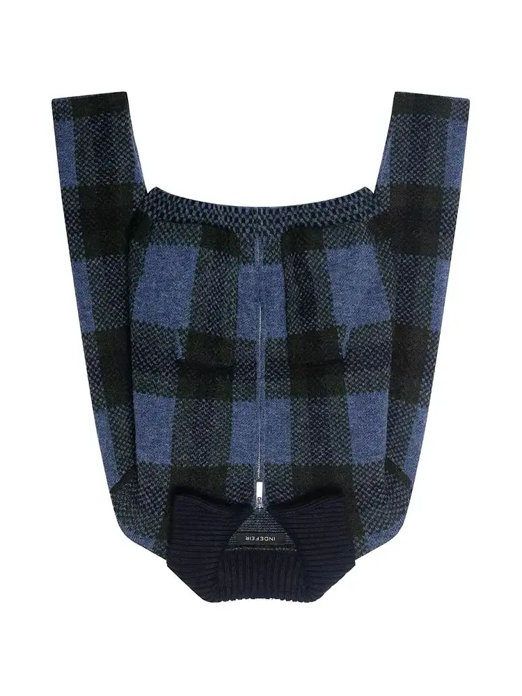 

HH Women Fashion Versatile Lapel Knitted Jacket Female Autumn High Street Casual Long Sleeve Zipper Pockets Plaid Sweater Mujer