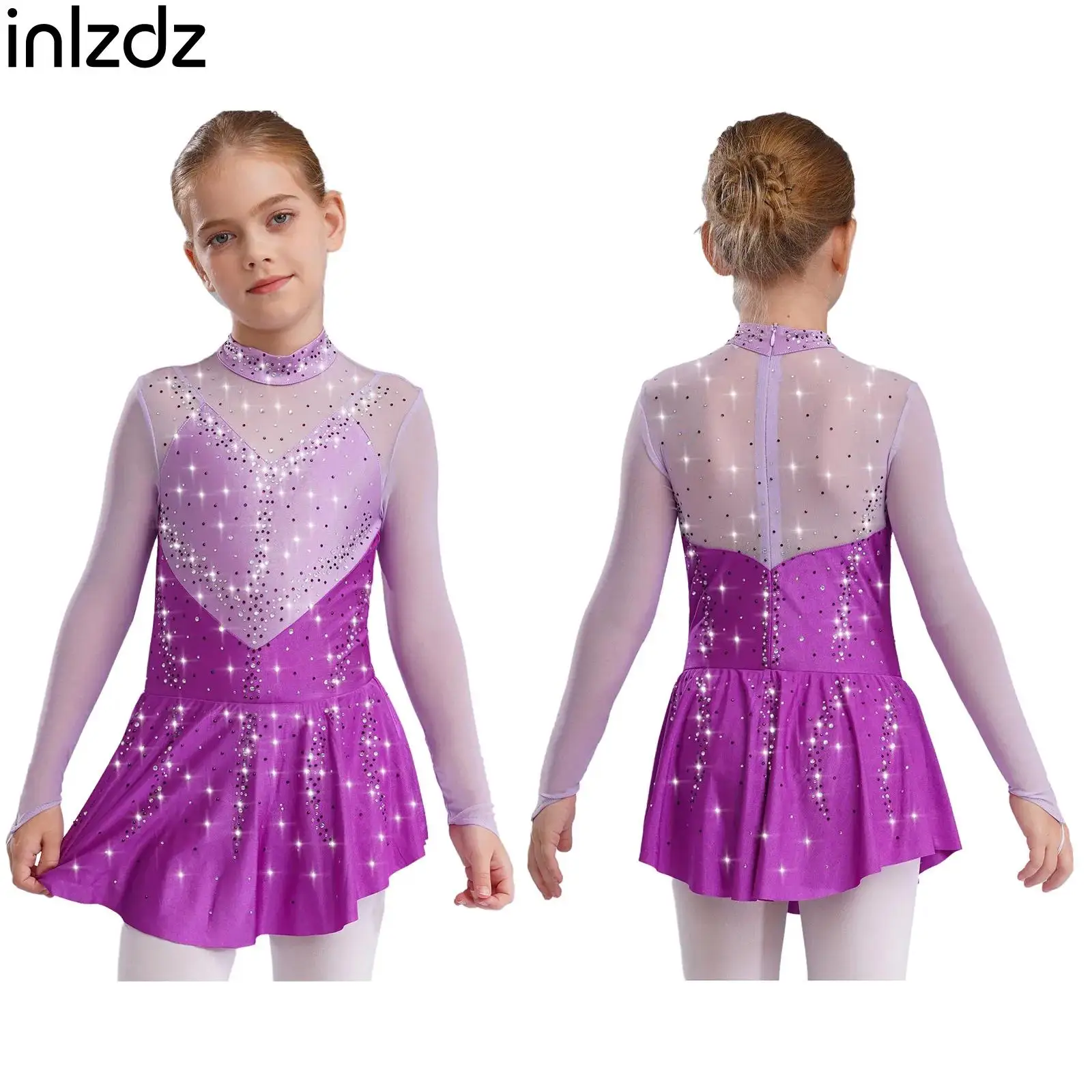

Rhinestones Ballet Dance Wear Children Girl Lyrical Modern Dance Costume Kid Long Sleeve Gymnastics Skating Dancer Leotard Dress