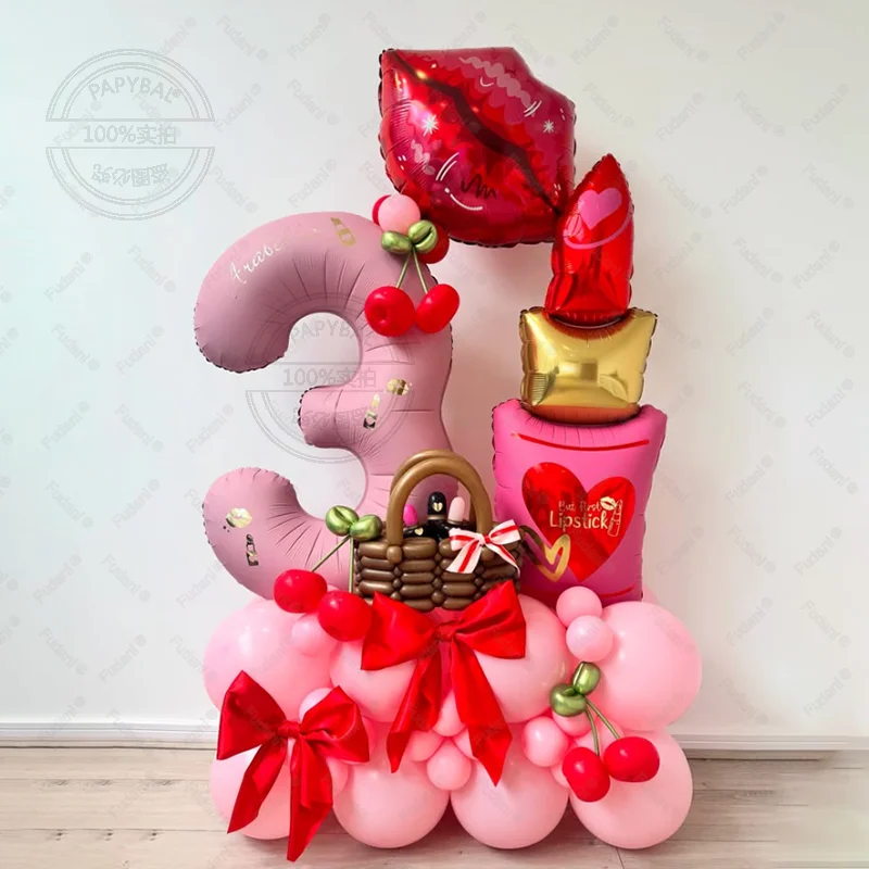 53-teiliges Lippenstift-Ballon-Set in Babyrosa mit Zahlen für Geburtstag, Einzelparty-Dekoration, Taufzubehör, Partyballons
