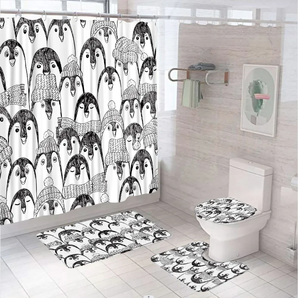 Cute Penguin Shower Curtain Set Black White Cartoon Animal Funny Bathroom Curtains Screen Non-Slip Bath Mat Rug Lid Toilet Cover