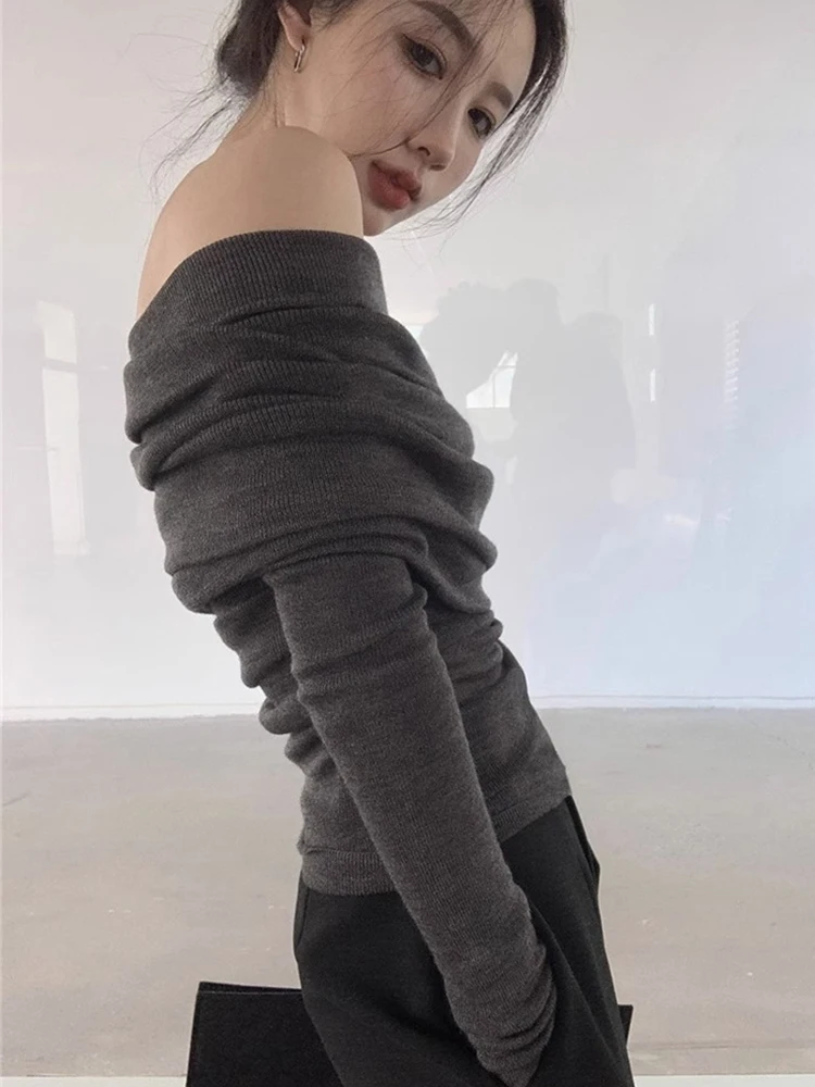 Sweater Women Sexy Slash Neck Slim Knitted Tops Pullover Long Sleeve Knit Pull Femme Vintage Knitwears Autumn Winter Clothing