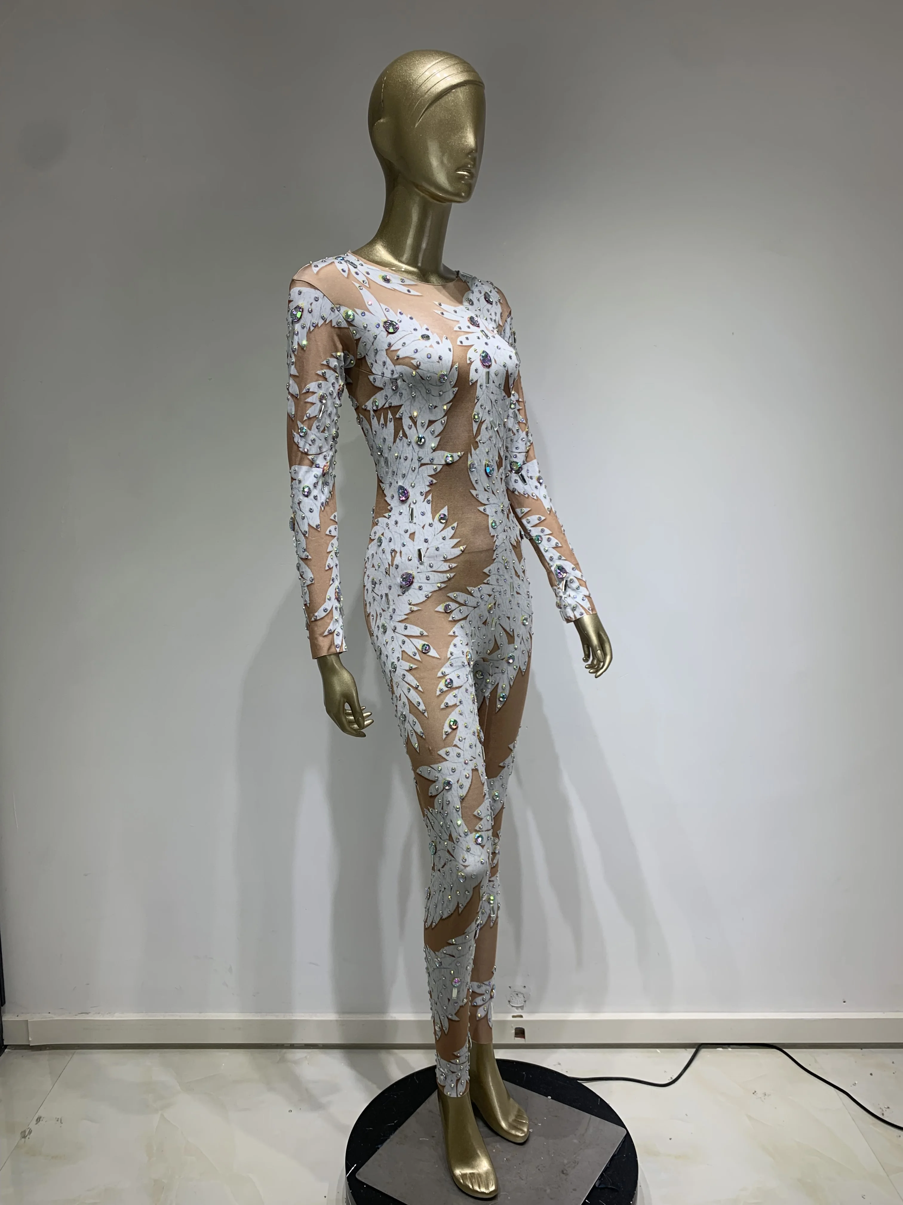 

Women Sexy Long Sleeve Bodycon Jumpsuit Evening Party Nightclub Bar Stage Rhinestones Sparkle Performance Nightclub Costume
