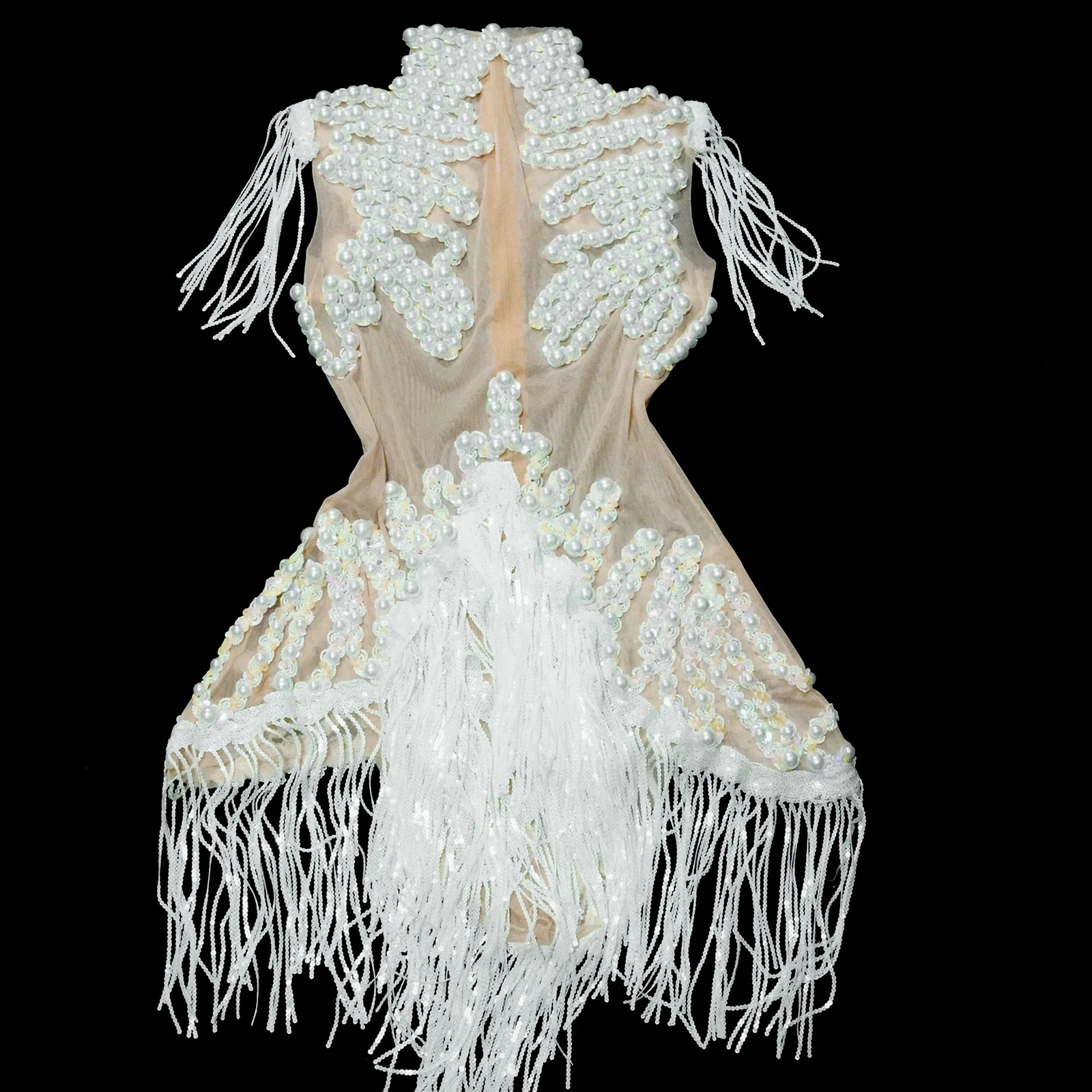 Zwarte pailletten franjes turnpakje mesh doorzichtige party bodysuit dames glittersteentjes nachtclub prom gogo dans podiumoutfits