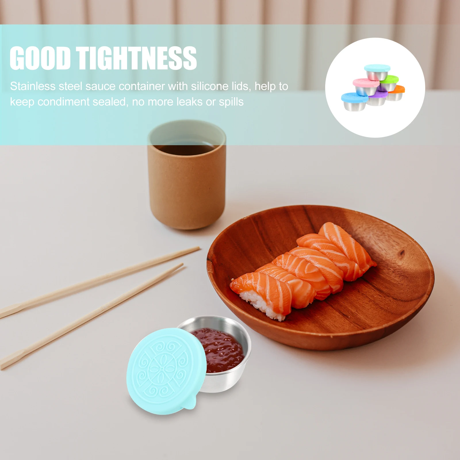 

6 Sets Stainless Steel Dipping Cups Small Sauce Cups Condiment Containers Salad Dressing Reusable Silicone Lid Stacked Portable