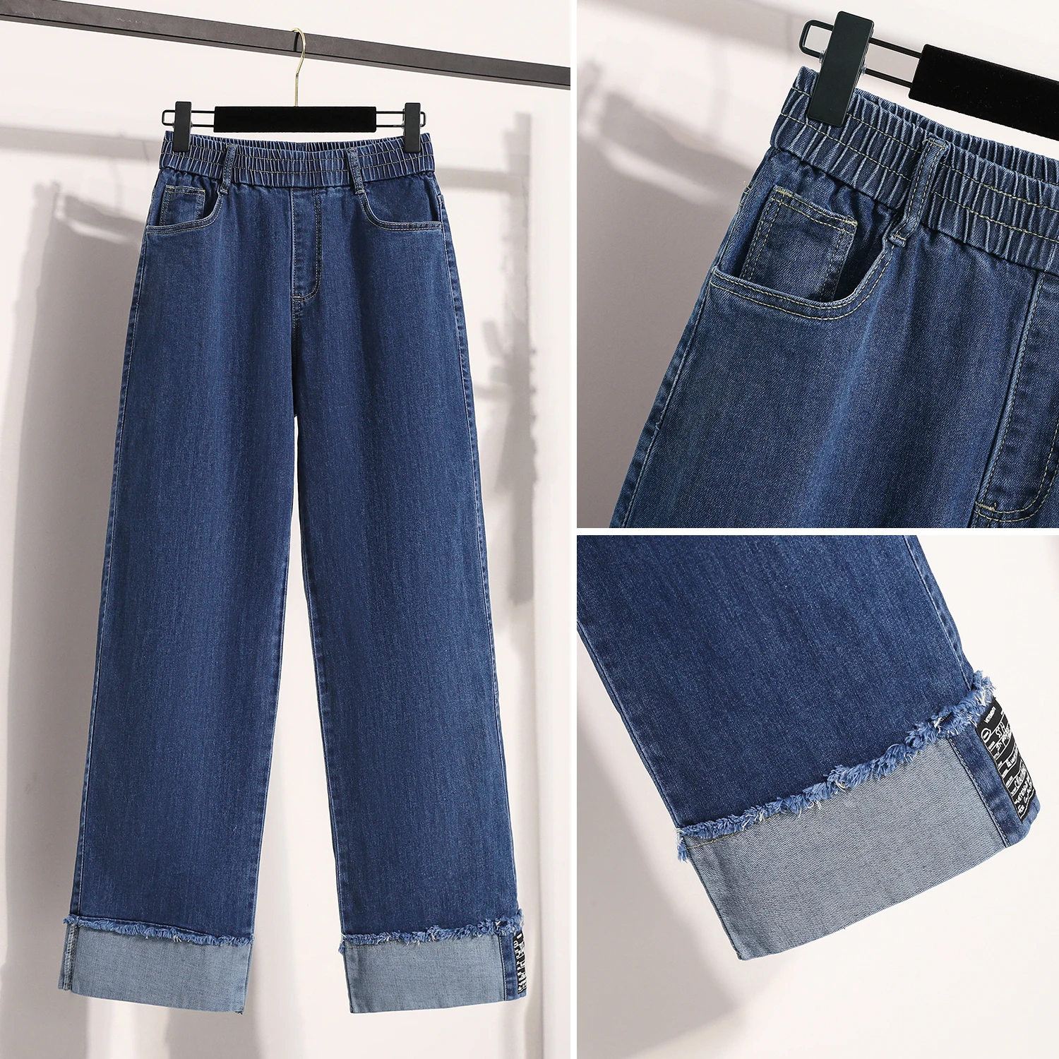 Jeans a gamba larga a vita alta taglie forti Vestibilità ampia Dimagrante Elastico Lunghezza pavimento Pantaloni lunghi blu Faionable Denim da donna