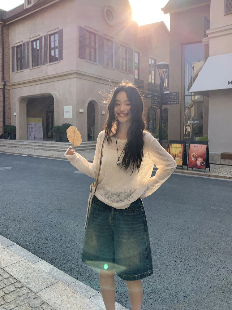 

Джинсы в стиле ретро с низкой талией, женские свободные широкие брюки, повседневные универсальные брюки с пятью точками, весенний сезон, женская мода