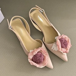 Flower Designer Sandals Women Elegant Satin Mule Shoes 2024 Summer Pointed Toe Pumps Low Heel Flowers Slingback Sandals Female