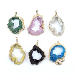 Natural Druzy Agate Crystal Pendant Irregular Stone Connecter Metal Mineral Specimen For Jewelry Making Necklace Accessories
