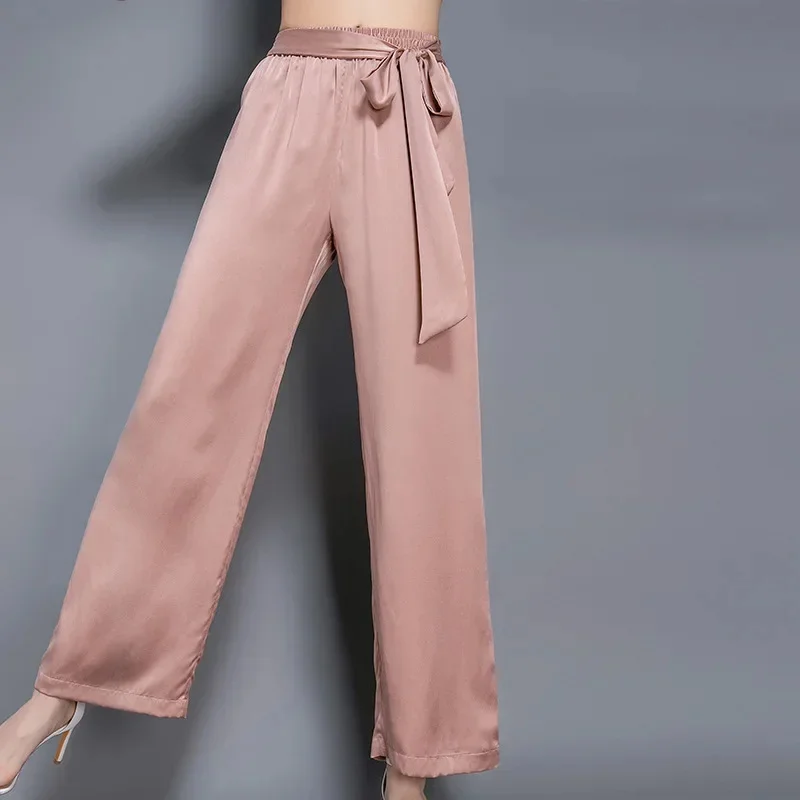 Spring Summer 2024 New Black Wide Leg Pants For Women Casual Loose Trousers Korean Bow Mulberry Silk Streetwear Zm