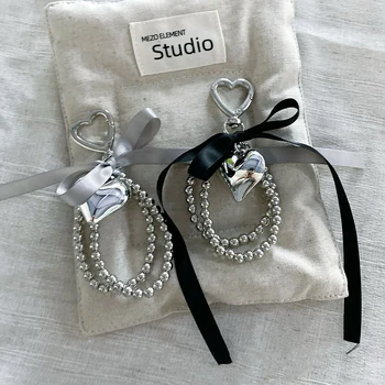 黒リボンちょう結び愛キーホルダーバッグ装飾携帯電話ペンダントアクセサリー女性ガールズストラップキーリングカメラストラップジュエリー